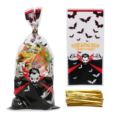 Túi điều trị bằng giấy bóng kính in tùy chỉnh với dây buộc xoắn cho Halloween